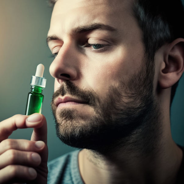 An individual holding a dropper of CBD oil